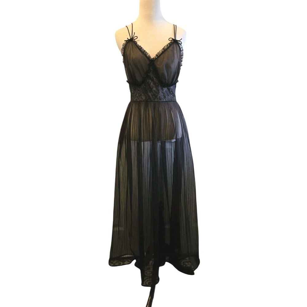 Vtg 50s 60s Sheer DBL Nylon Nightgown Accordion Pleats Sweep Black Lace 34 Small